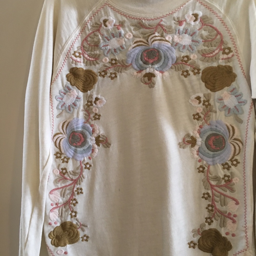 Free People  Cream Embroidered Knit Turtleneck